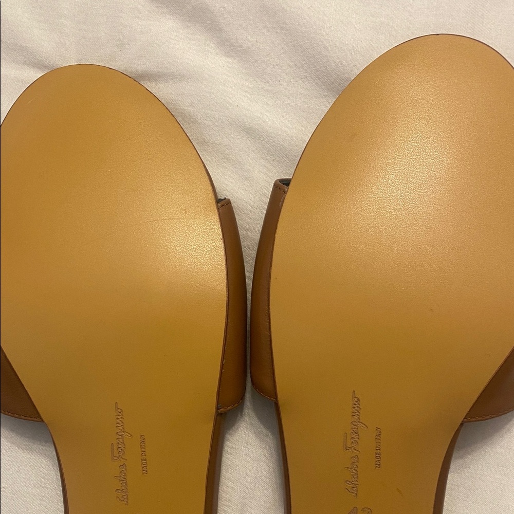 Salvatore Ferragamo Tan Leather Crystal Buckle Slide Mules - Picture 6 of 8
